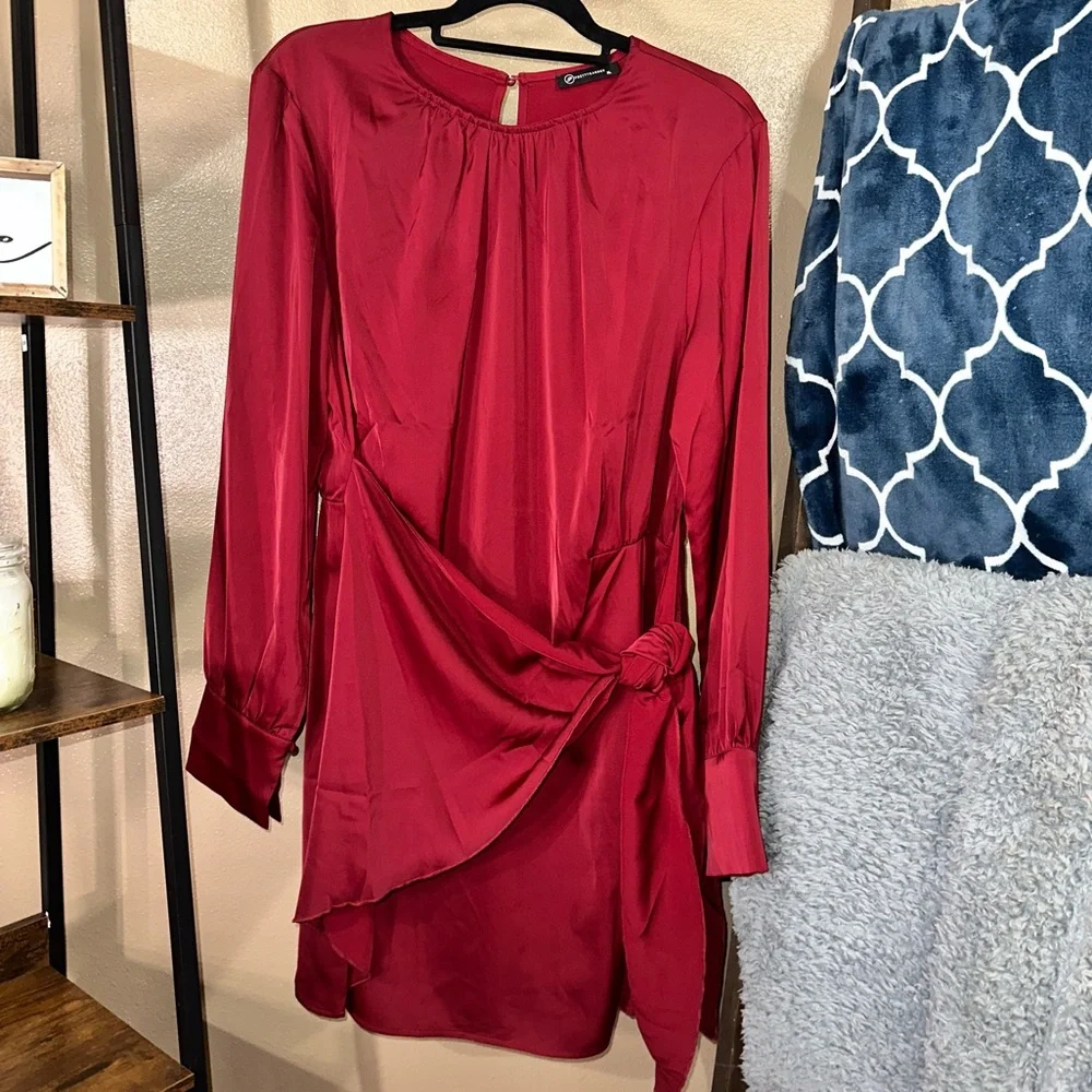 Burgundy Long Sleeve Satin Dress - Picture 1 of 7